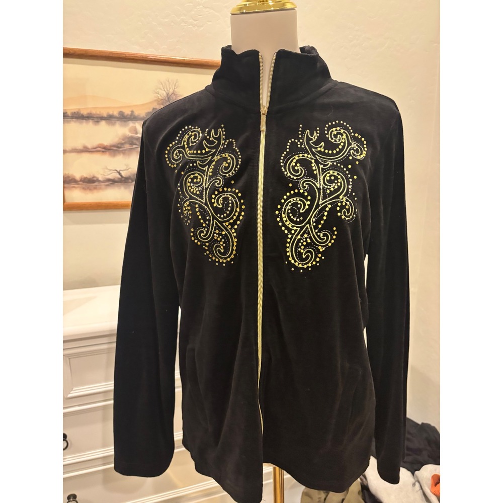 mcbling y2k Velour Track Jacket Fleece rhinestone Black Gold Embellished Zip Up